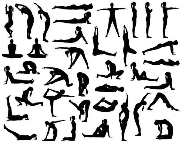 Verzameling Van Vectorsilhouetten Van Een Vrouw Die Yoga Doet — Stockvector