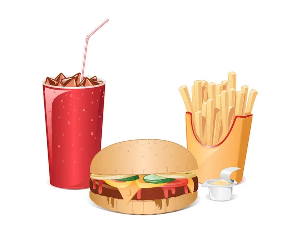 Klasyczny Fast Food Cheeseburgerem Szklanką Lodowej Coli Smażonym Ziemniakiem Sosem — Wektor stockowy