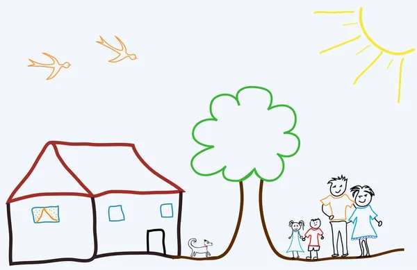 Çocuk Ailesi Çocukları Olan Mutlu Bir Aile Çiziyor — Stok Vektör