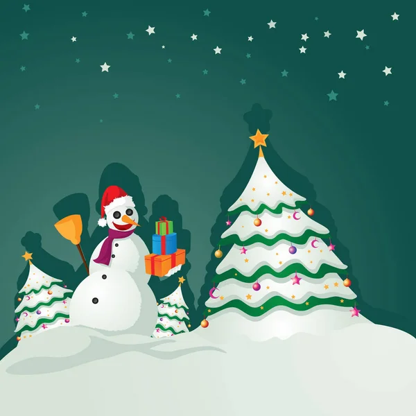 雪だるまと木の画像 カラーイラスト — ストックベクタ