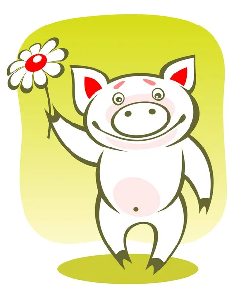 Cartoon Glückliches Schweinchen Mit Blume Auf Grünem Hintergrund — Stockvektor