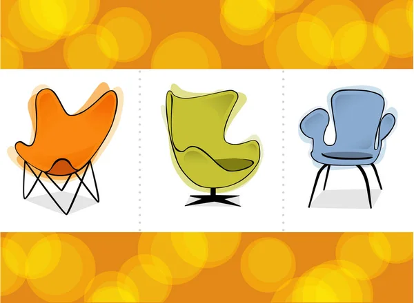三个风格复古舒适的椅子在彩色橙色的背景 简易编辑层次结构矢量文件无透明度或笔划 — 图库矢量图片
