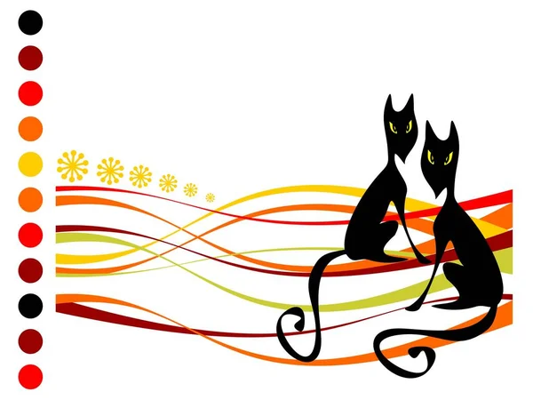 两只典型的黑猫在条纹的背景上 万圣节插图 — 图库矢量图片