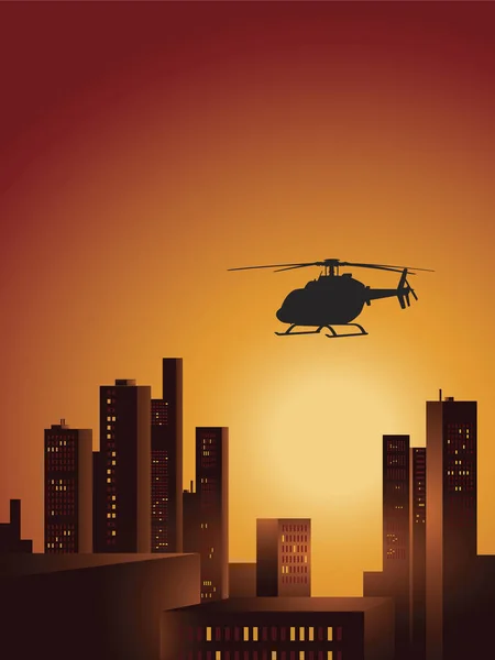 Silhouet Van Een Helikopter Die Zonsondergang Van Stad Vliegt — Stockvector
