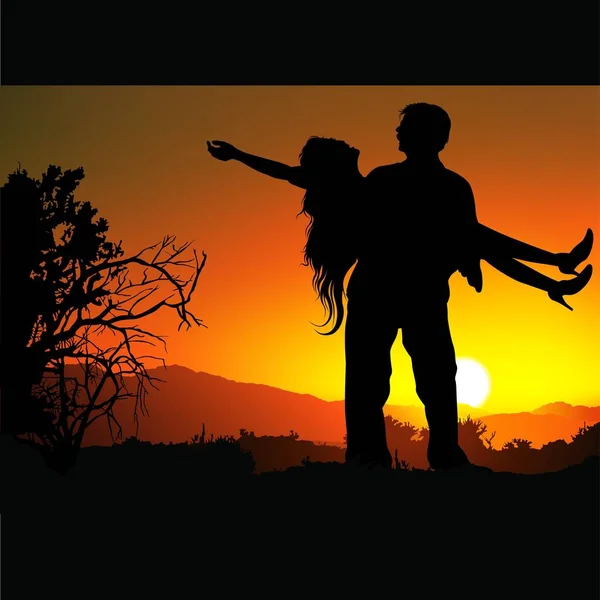 恋人F 高詳細と色のベクトルイラスト 二人の恋人と日没の背景とロマンチックなシーン — ストックベクタ