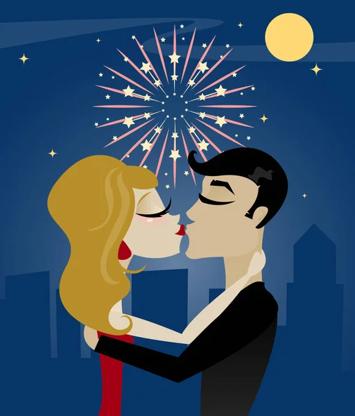 Couple Kissing Midnight New Year Eve Moon Stars Fireworks City — Stock Vector
