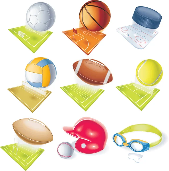 Equipamiento Detallado Fútbol Fútbol Baloncesto Voleibol Rugby Hockey Natación Basebal — Vector de stock