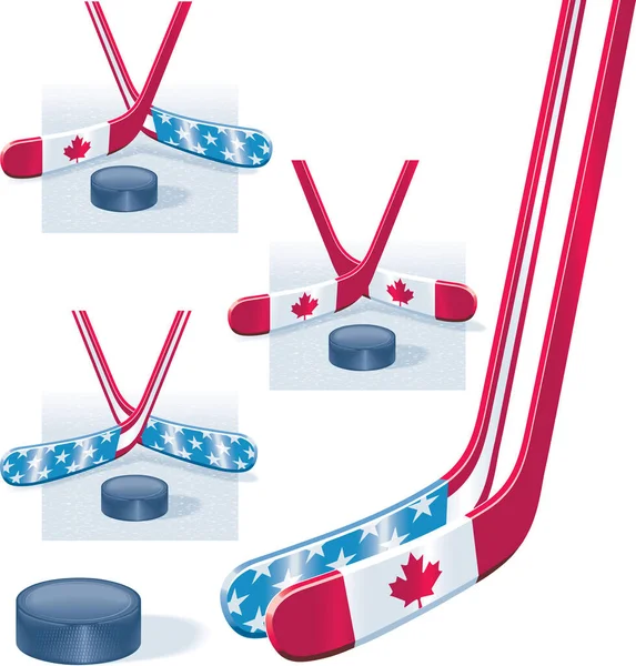 Hockey Sticks Usa Canada Flag Colors Puck — Stock Vector