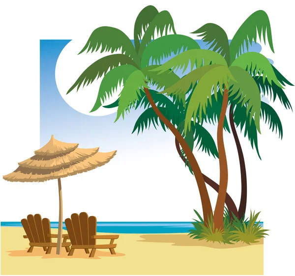 Sommerstrand Palmen Meer Liegestühle Und Sonnenschirm — Stockvektor