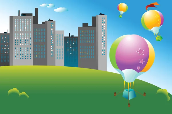 Şehrin Üzerinde Uçuşan Renkli Sıcak Hava Balonları — Stok Vektör