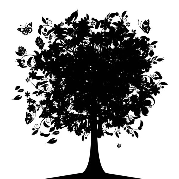 Blommig Träd Silhouette Svart — Stock vektor