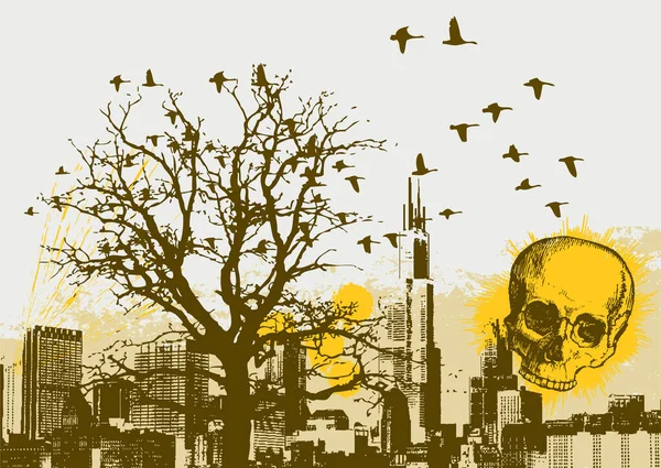 Grunge Cityscapeベクトルの背景と頭蓋骨 — ストックベクタ