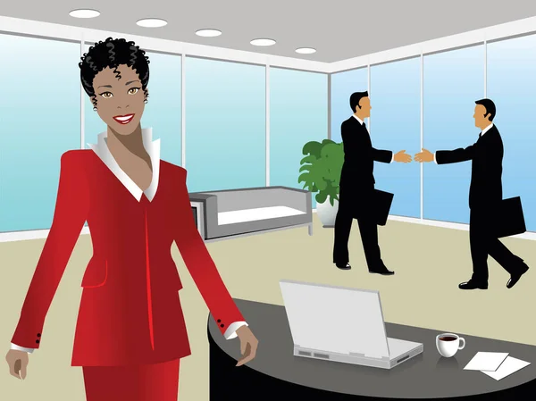 Black Business Woman Two Businessman Handshaking — Stock Vector