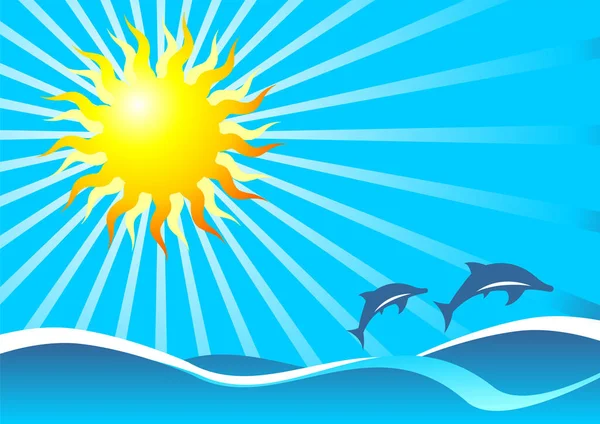 Representación Abstracta Mar Ondulado Bajo Sol Con Dos Delfines — Archivo Imágenes Vectoriales