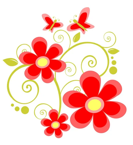 Κινούμενα Σχέδια Κόκκινα Λουλούδια Και Πεταλούδες Λευκό Φόντο — Διανυσματικό Αρχείο