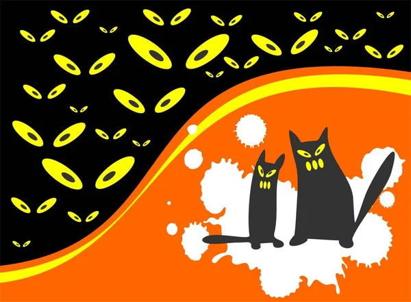 Черные Кошки Оранжевом Фоне Иллюстрация Хэллоуина — стоковый вектор
