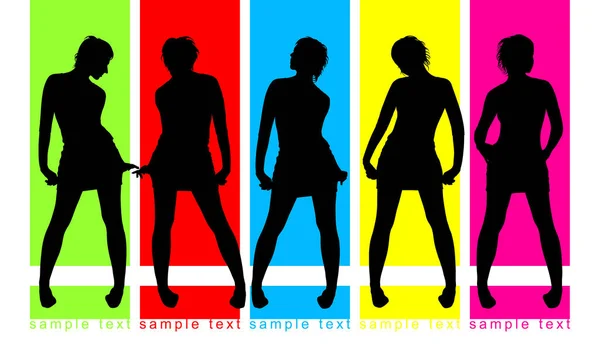色の背景にファッションパレード 5人の女性のシルエット — ストックベクタ