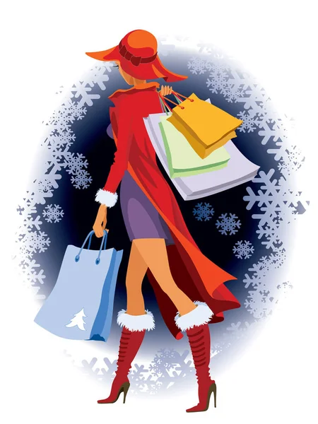 冬の背景とショッピングバッグ付きの女の子 — ストックベクタ
