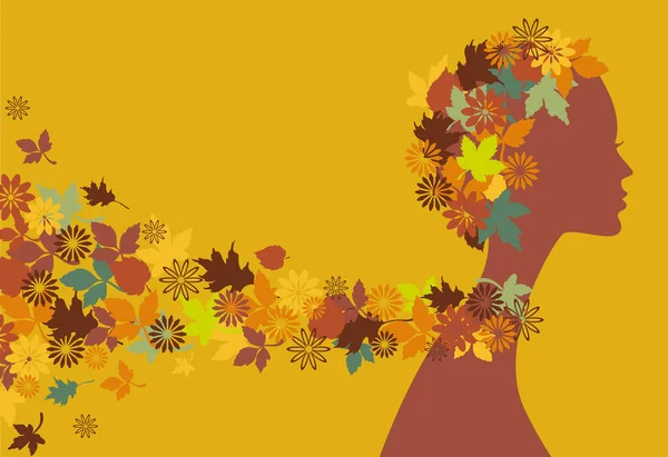 葉と花を持つ美しい秋の少女 — ストックベクタ