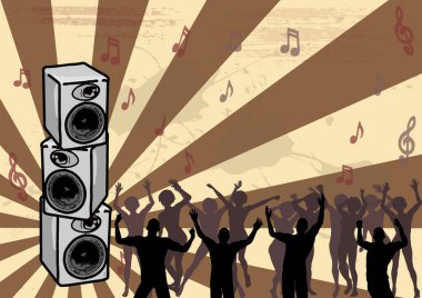 Boom Box - Ravers 'ın vektör çizimi hoparlör etrafında dans ediyor