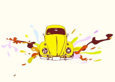 Vektör çizim eski özel Volkswagen Beatle funky renk beyaz zemin üzerine su sıçramalarına