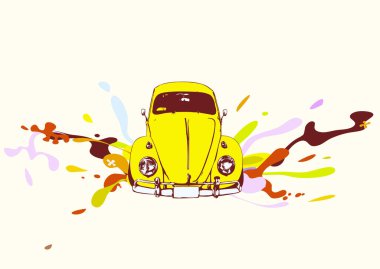 Vector illustration of old custom Volkswagen Beatle  on white background with funky color splashes clipart