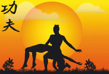 Kung Fu Siluetlerinin Görünümü - Vektör