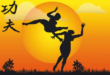 Kung Fu Siluetlerinin Görünümü - Vektör