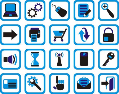 Siyah mavi ve beyaz internet ve ağ simgeleri kümesi