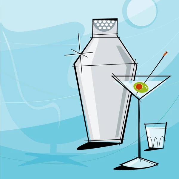 Vignette Martini Rétro Avec Agitateur Verre Tourné Chaque Élément Est — Image vectorielle