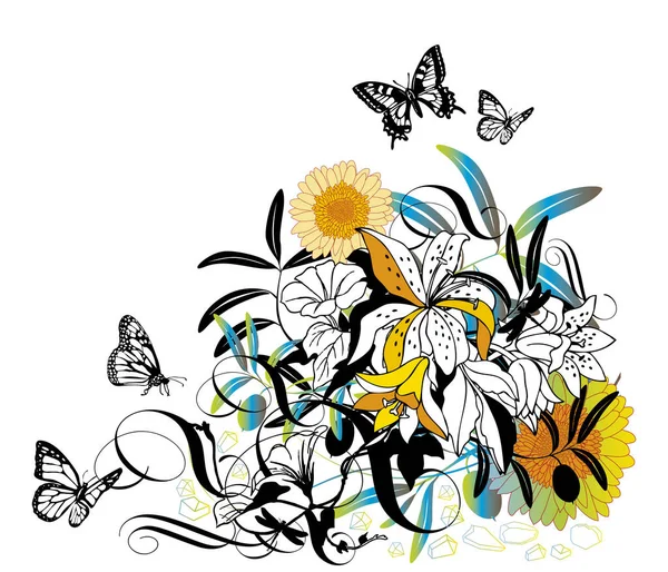 Fondo Floral Abstracto Con Lirios Mariposas — Archivo Imágenes Vectoriales