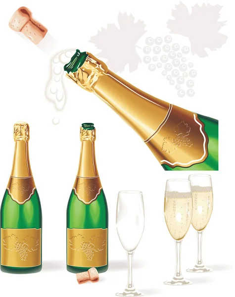 Detaillierter Vektor Champagnerflasche Gläser Korken Spritzender Champagner Traubenblätter — Stockvektor