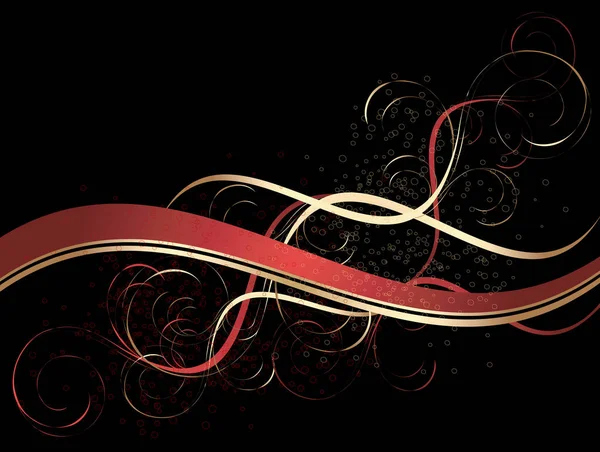 Černé Pozadí Zlaté Červené Květinový Ornament Vlny — Stockový vektor
