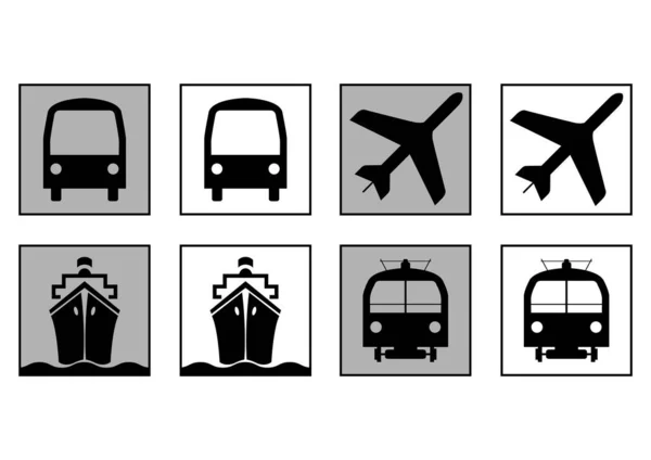 Trains Plaines Bateaux Bus Des Symboles Transport Signes Informatifs — Image vectorielle