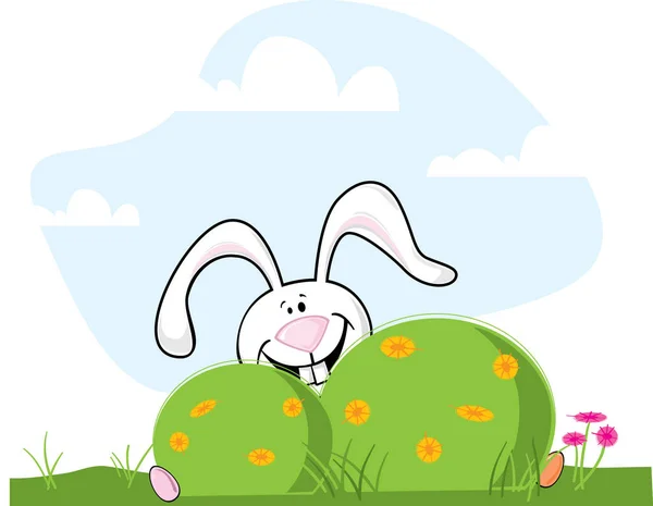 Dibujos Animados Vector Pascua Conejito Escondido Detrás Arbusto — Vector de stock