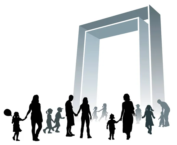 Parents Children Going Large Gate — Stock Vector