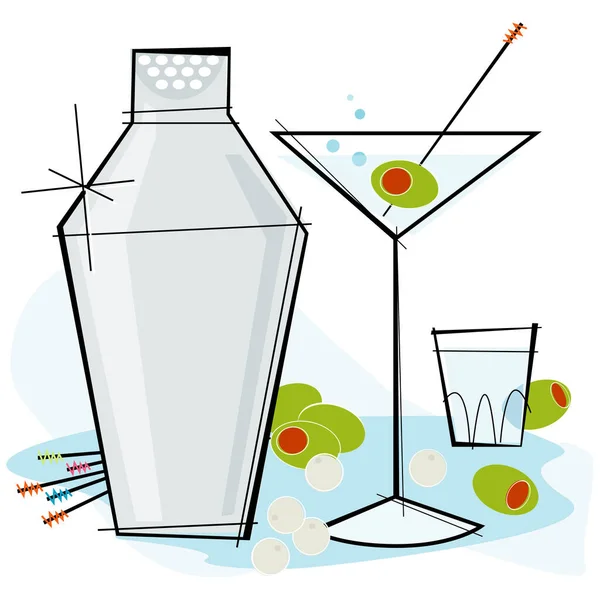 Illustration Tache Cocktail Rétro Stylisée Martini Aux Olives — Image vectorielle