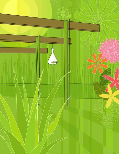 Moderne Kleurrijke Gestileerde Illustratie Van Een Patio Tuin Met Een — Stockvector