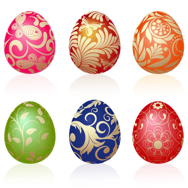 Conjunto Seis Ovos Páscoa Com Ornamentos Ouro —  Vetores de Stock