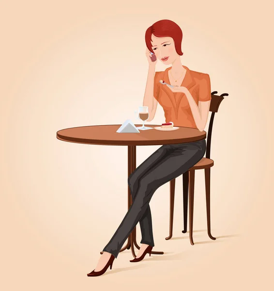 Kafedeki Bir Masada Oturan Genç Bir Kız Kahve Çilekli Turta — Stok Vektör