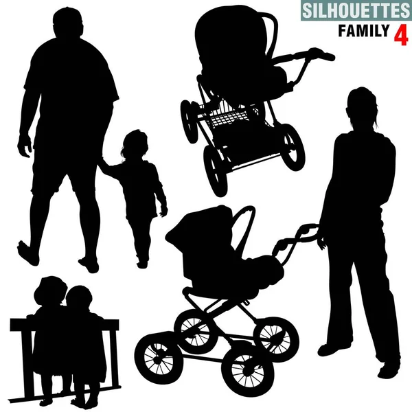 Silhouetten Familie Hoge Gedetailleerde Zwart Wit Illustraties — Stockvector