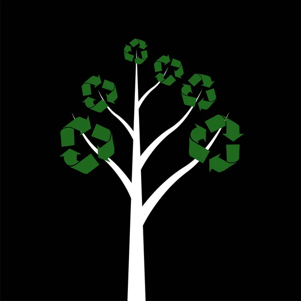 Baum Mit Recycling Symbolen Auf Schwarzem Hintergrund — Stockvektor