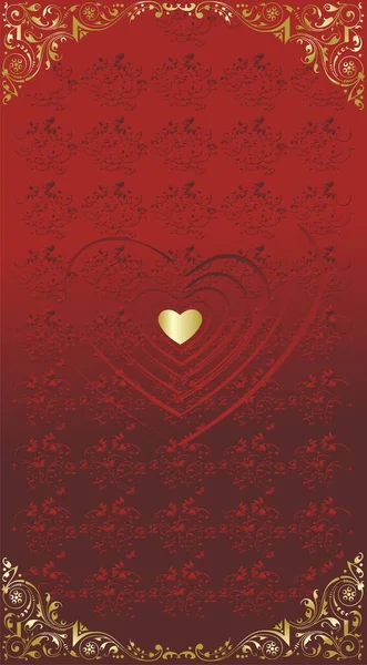 Красные Силуэты Сердец Золотым Сердцем Центре Декоративном Фоне — стоковый вектор