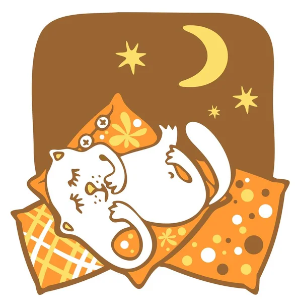 Amusing White Cat Sleeps Pillows Background Night Sky — Stock Vector