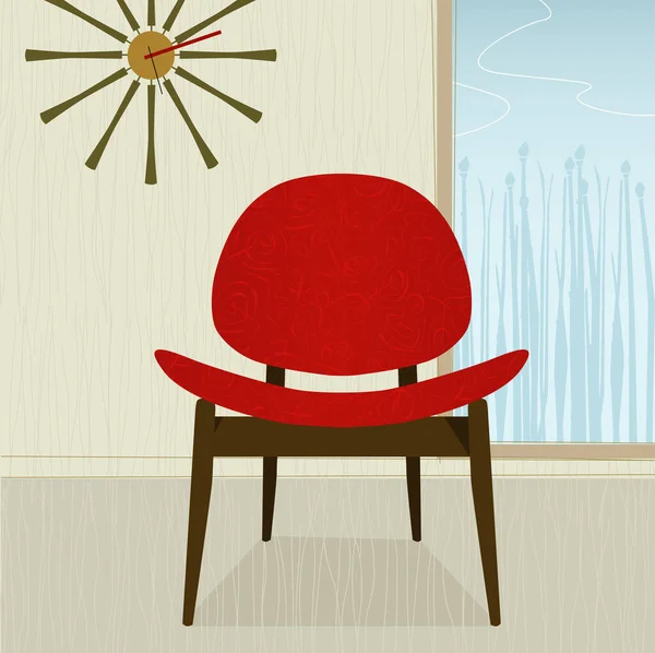 Retro Nowoczesny Czerwony Fotel Zegar Kolorowe Stylizowane Każdy Element Jest — Wektor stockowy