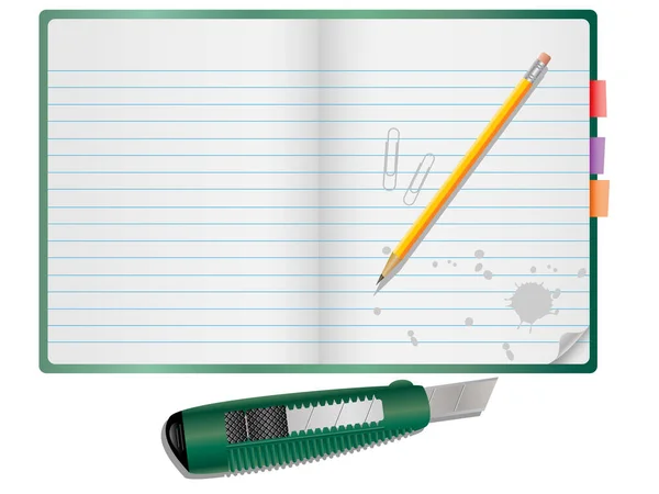 带有铅笔 回形针和刀具的矢量记事本 — 图库矢量图片
