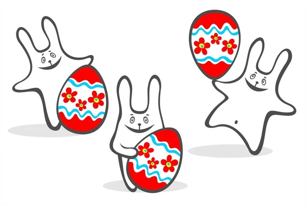 Três Coelhinhos Alegres Com Ovos Páscoa Isolados Fundo Branco Ilustração —  Vetores de Stock