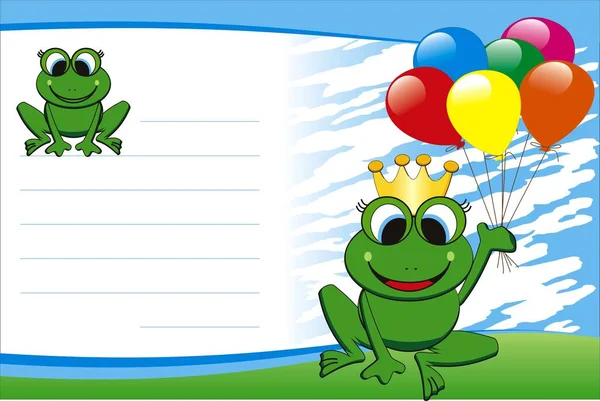 カエルと風船でベクトルの誕生日カード — ストックベクタ