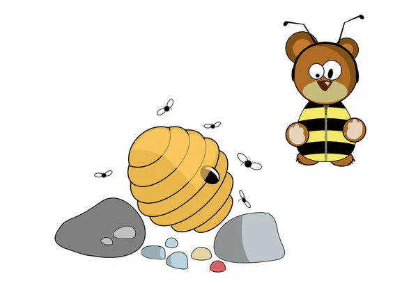 这幅图上是一只披着蜜蜂的熊 它走到蜂窝边采蜜 图像的每一个部分都在一层中 — 图库矢量图片