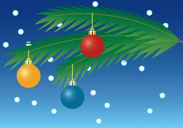 Świąteczna Kartka Gałąź Drzew Futerkowych Wielokolorowymi Kulami Ilustracja Wektora — Wektor stockowy